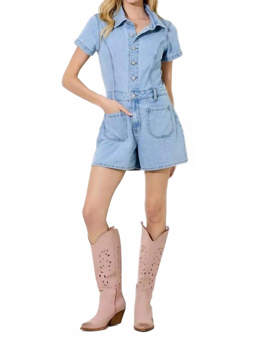 NEW POLAGRAM women's washed denim short sleeve jumpsuit in blue